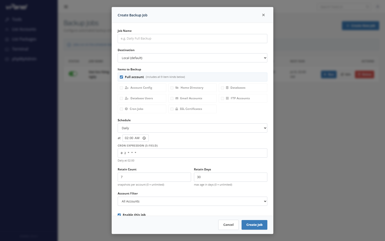 Biểu mẫu tạo Backup Job