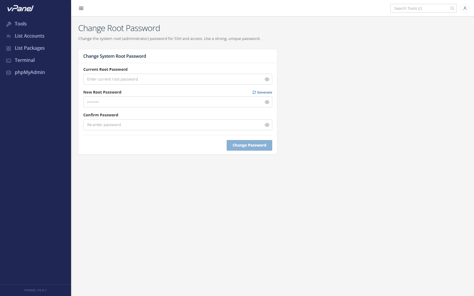 Form đổi mật khẩu Root