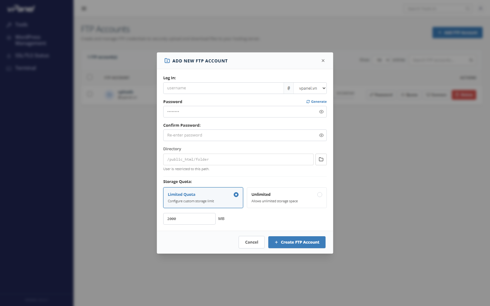 Form tạo FTP Account